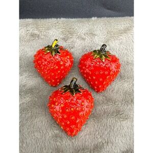 Vintage Strawberry Brooch Lot of 3 Fruit Gold Tone Red Enamel
